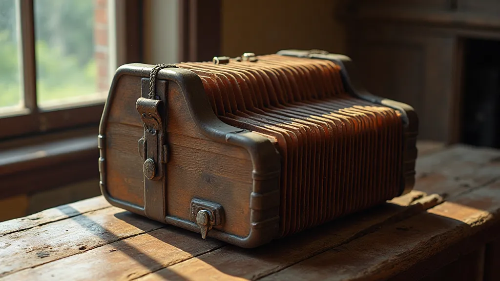Antique accordion resting on a wooden table