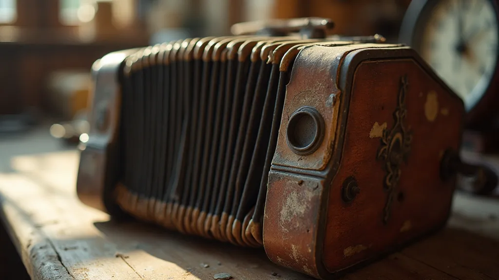 Antique accordion on a workbench