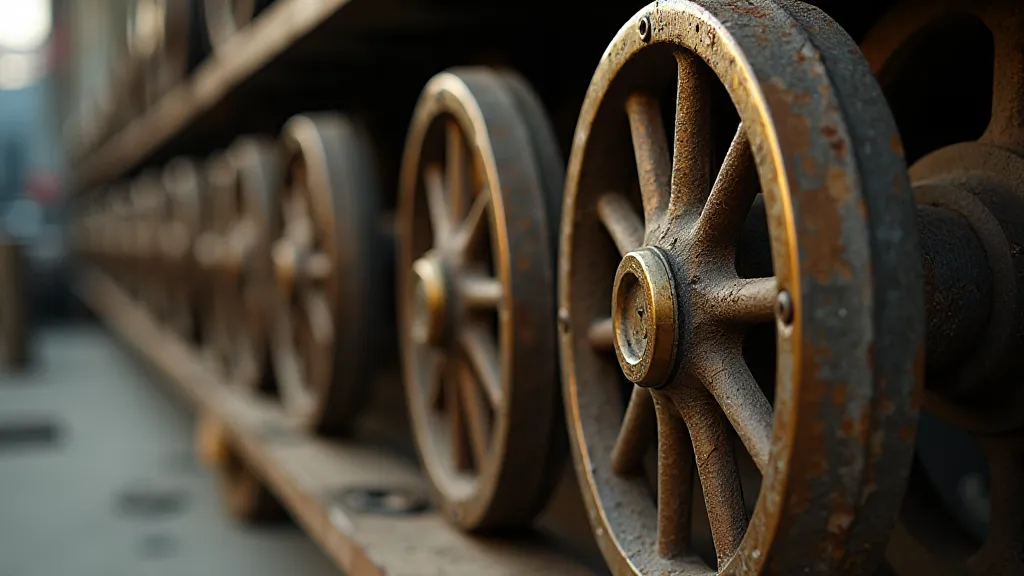 Weathered brass train car wheels