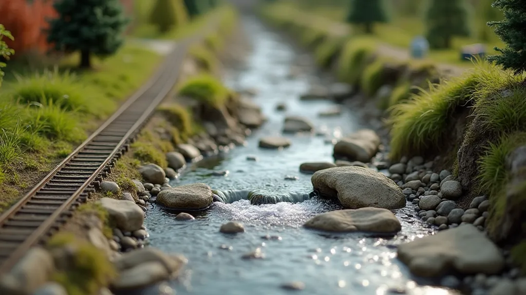 Miniature railway layout with a realistic river