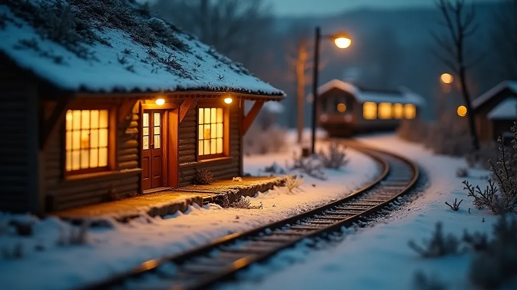 Miniature train station diorama at dusk